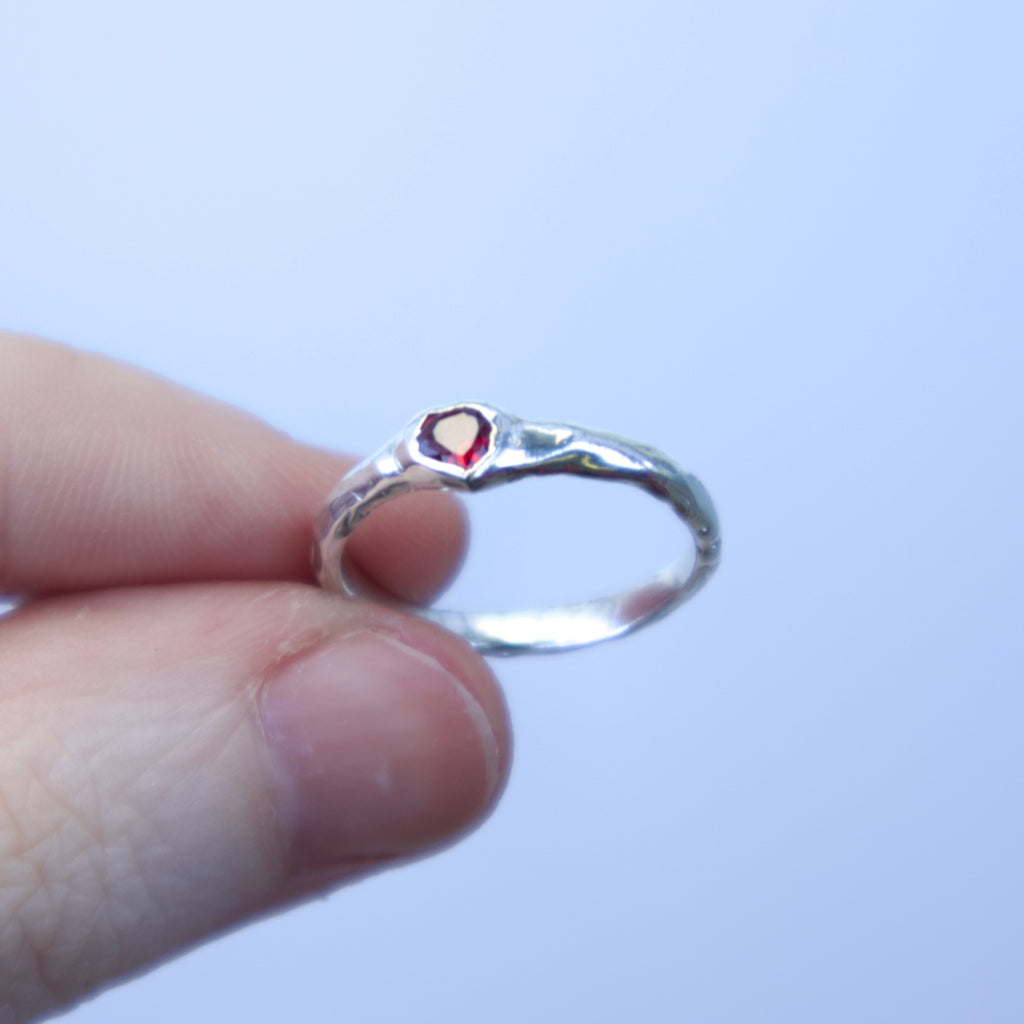 Sterling silver Candy Stacker Ring with lab-grown ruby heart. alternative fine jewellery handmade by Billy Tooth in Auckland, New Zealand.
