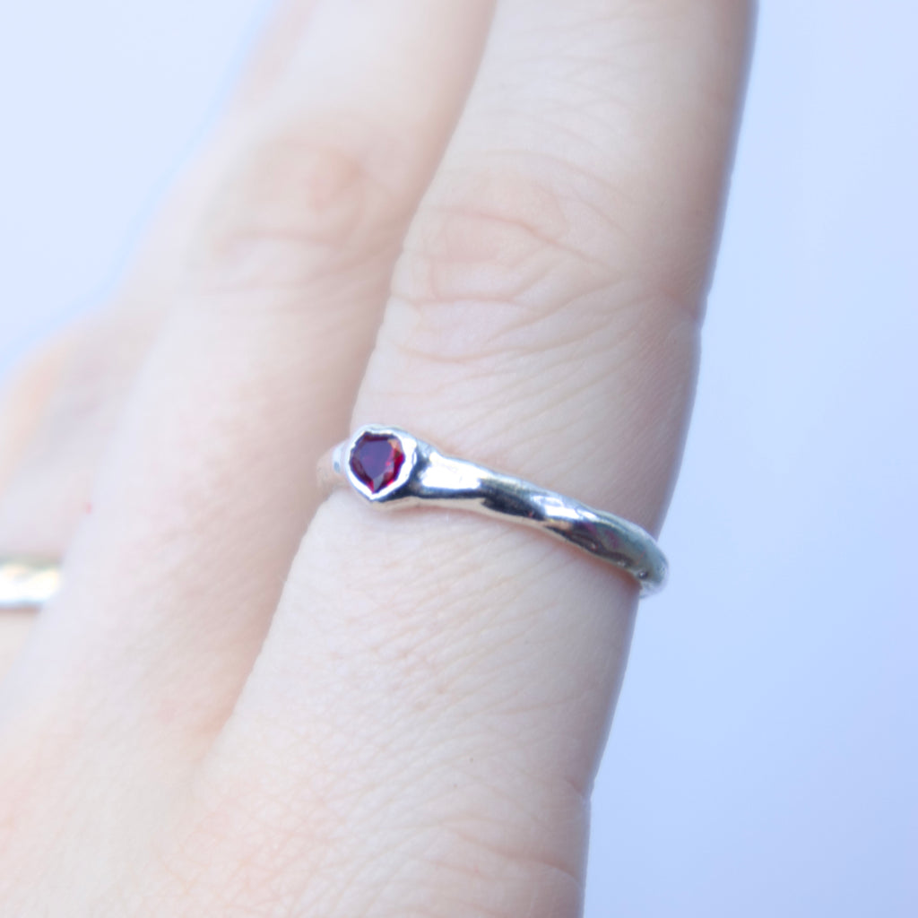 Sterling silver Candy Stacker Ring with lab-grown ruby heart. alternative fine jewellery handmade by Billy Tooth in Auckland, New Zealand.