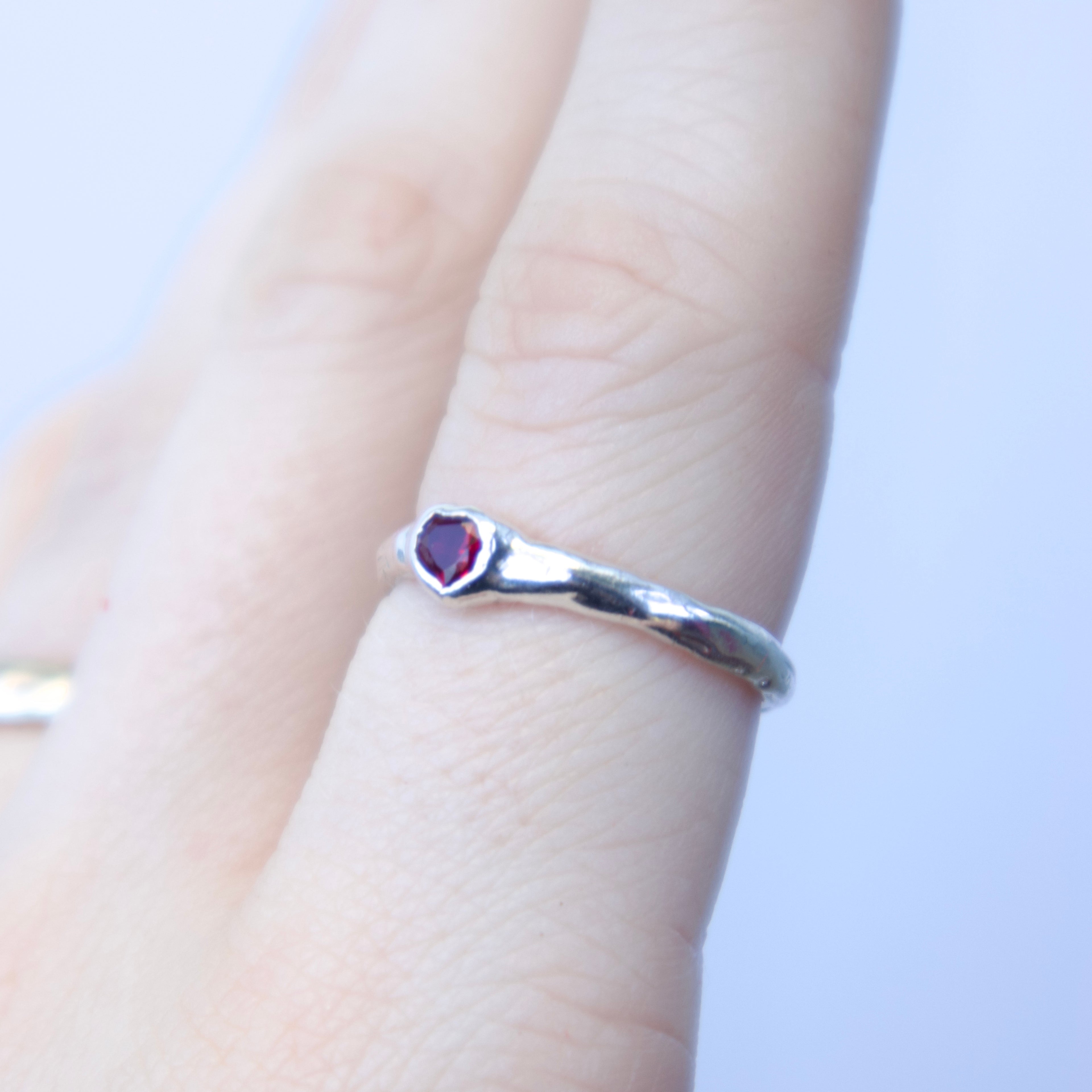 Sterling silver Candy Stacker Ring with lab-grown ruby heart. alternative fine jewellery handmade by Billy Tooth in Auckland, New Zealand.