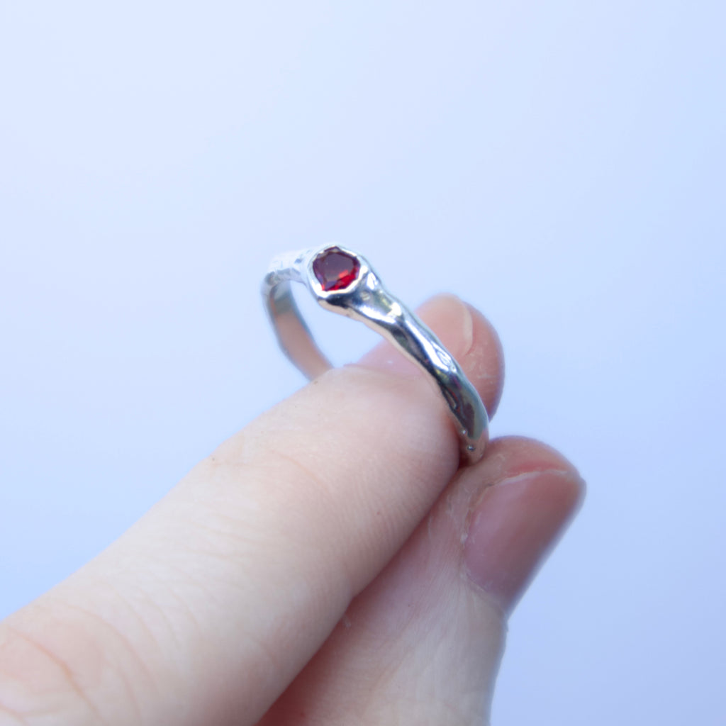 Sterling silver Candy Stacker Ring with lab-grown ruby heart. alternative fine jewellery handmade by Billy Tooth in Auckland, New Zealand.