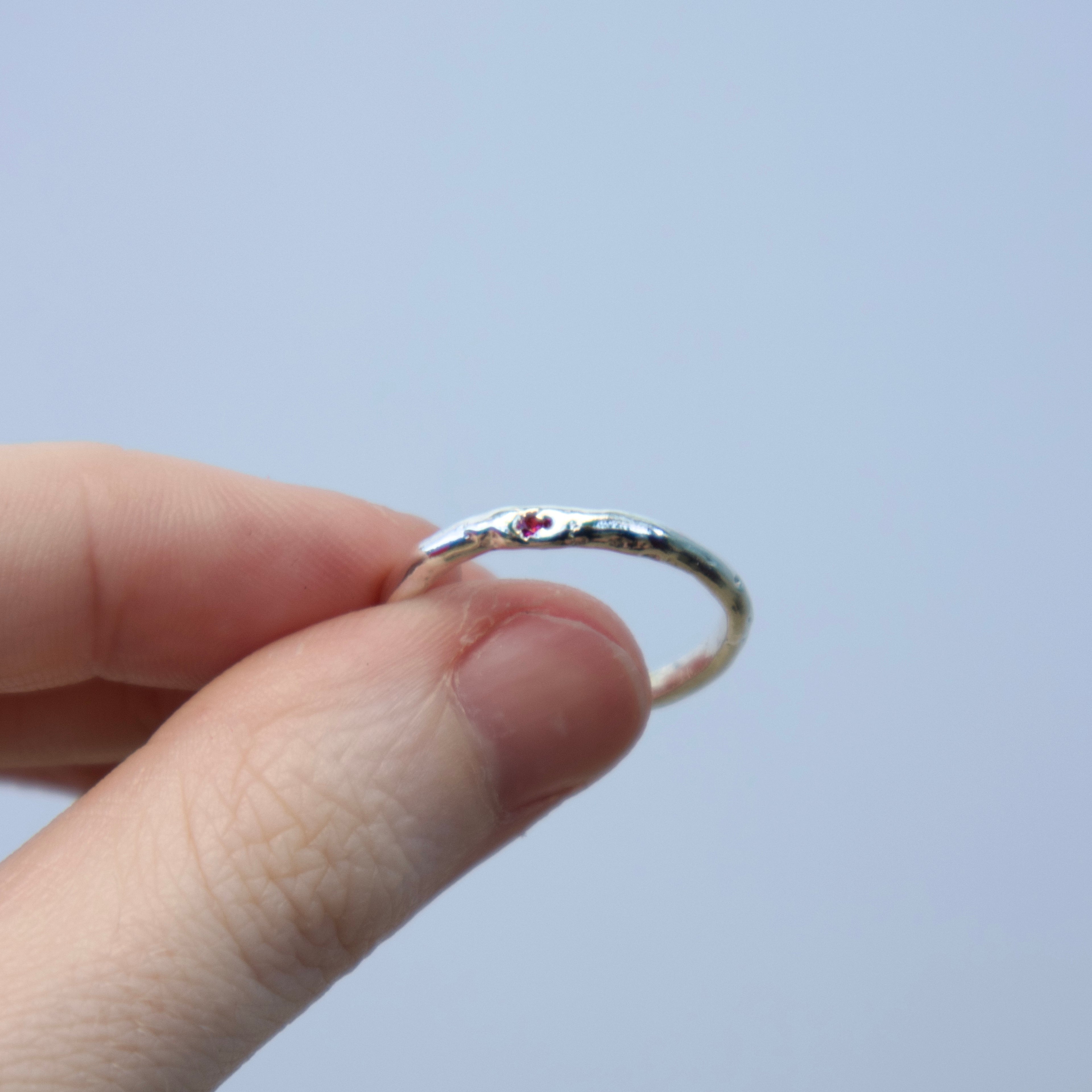 Sterling silver Candy Stacker Ring with lab-grown pink ruby. alternative fine jewellery handmade by Billy Tooth in Auckland, New Zealand.