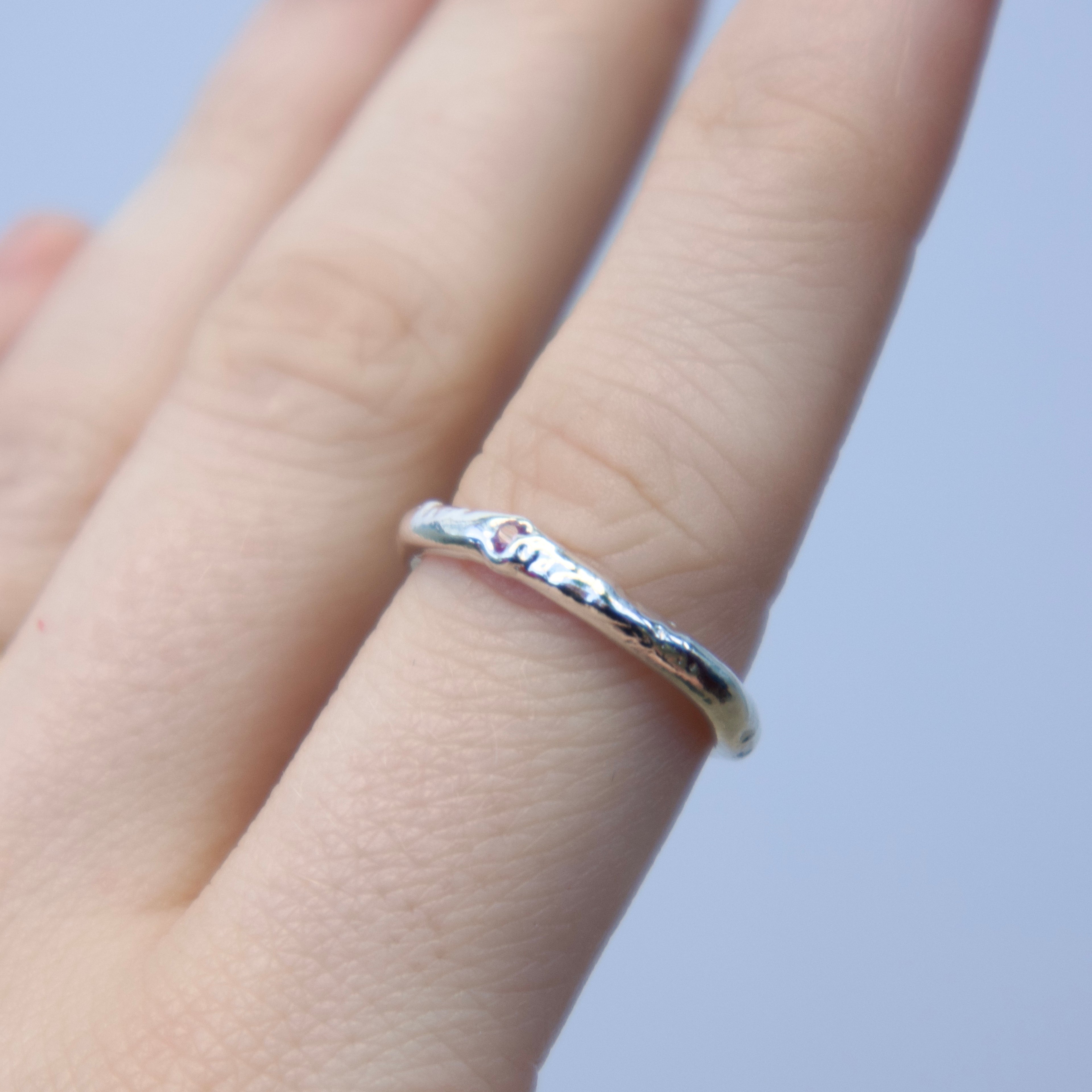 Sterling silver Candy Stacker Ring with lab-grown pink ruby. alternative fine jewellery handmade by Billy Tooth in Auckland, New Zealand.