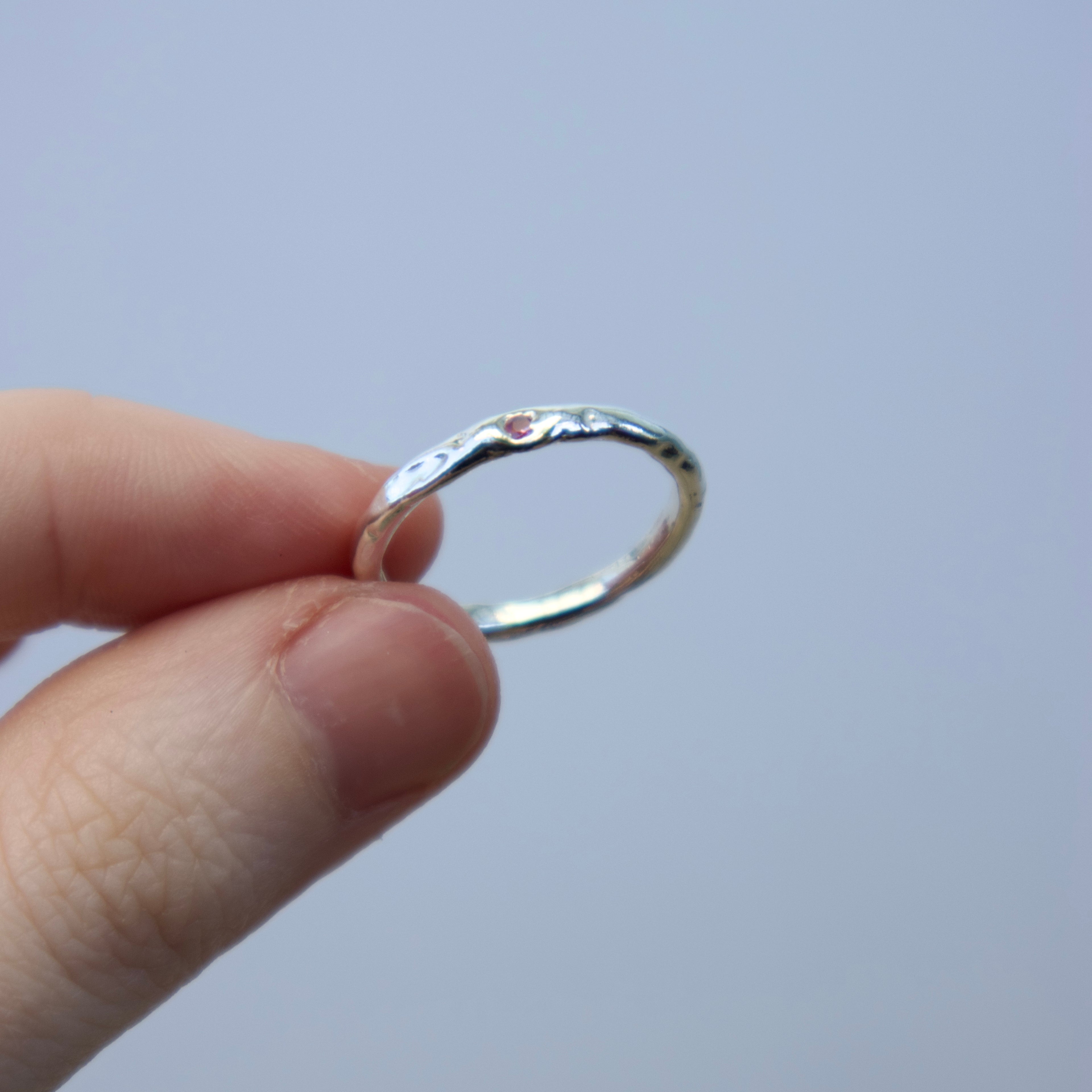 Sterling silver Candy Stacker Ring with lab-grown pink tourmaline. alternative fine jewellery handmade by Billy Tooth in Auckland, New Zealand.