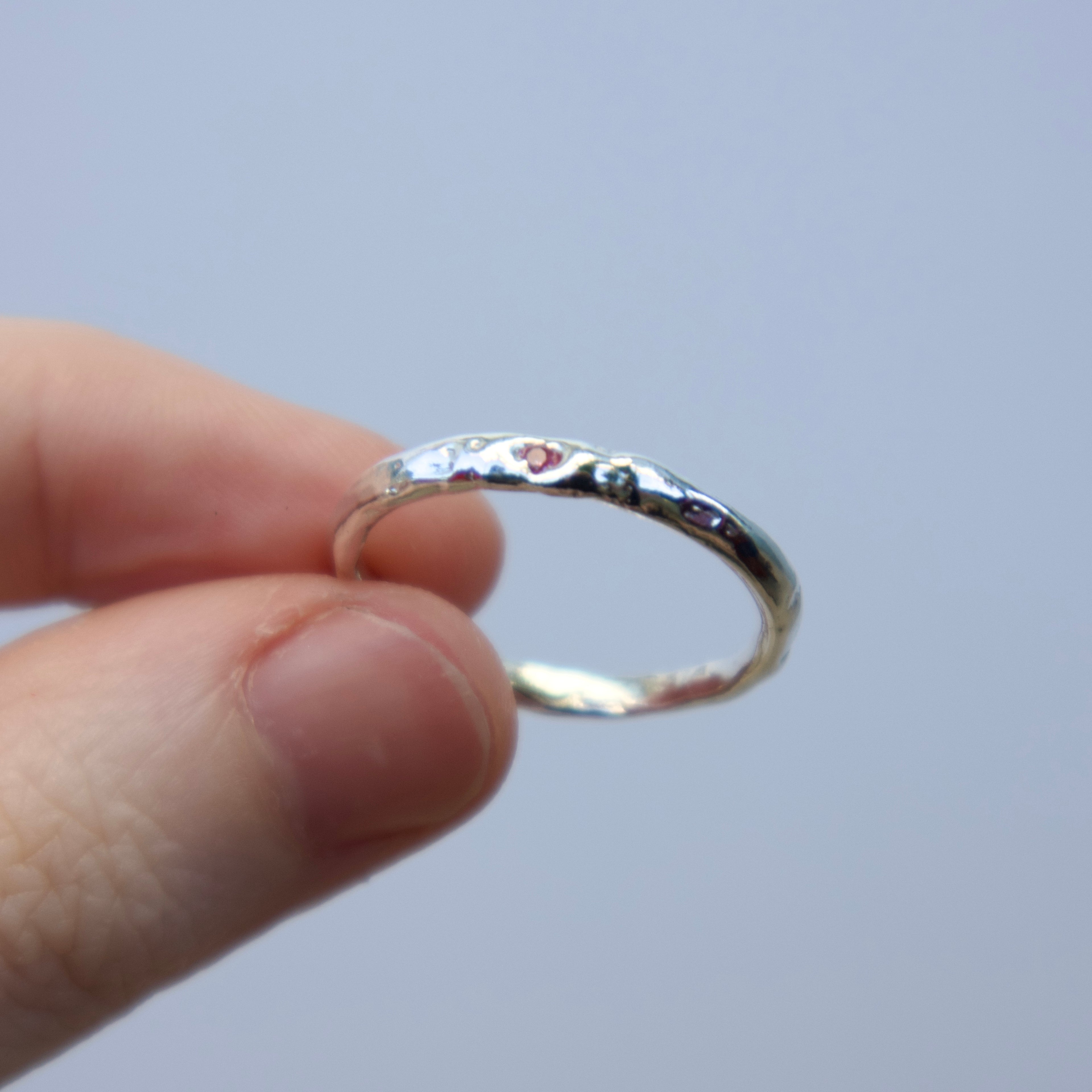 Sterling silver Candy Stacker Ring with lab-grown pink tourmaline. alternative fine jewellery handmade by Billy Tooth in Auckland, New Zealand.
