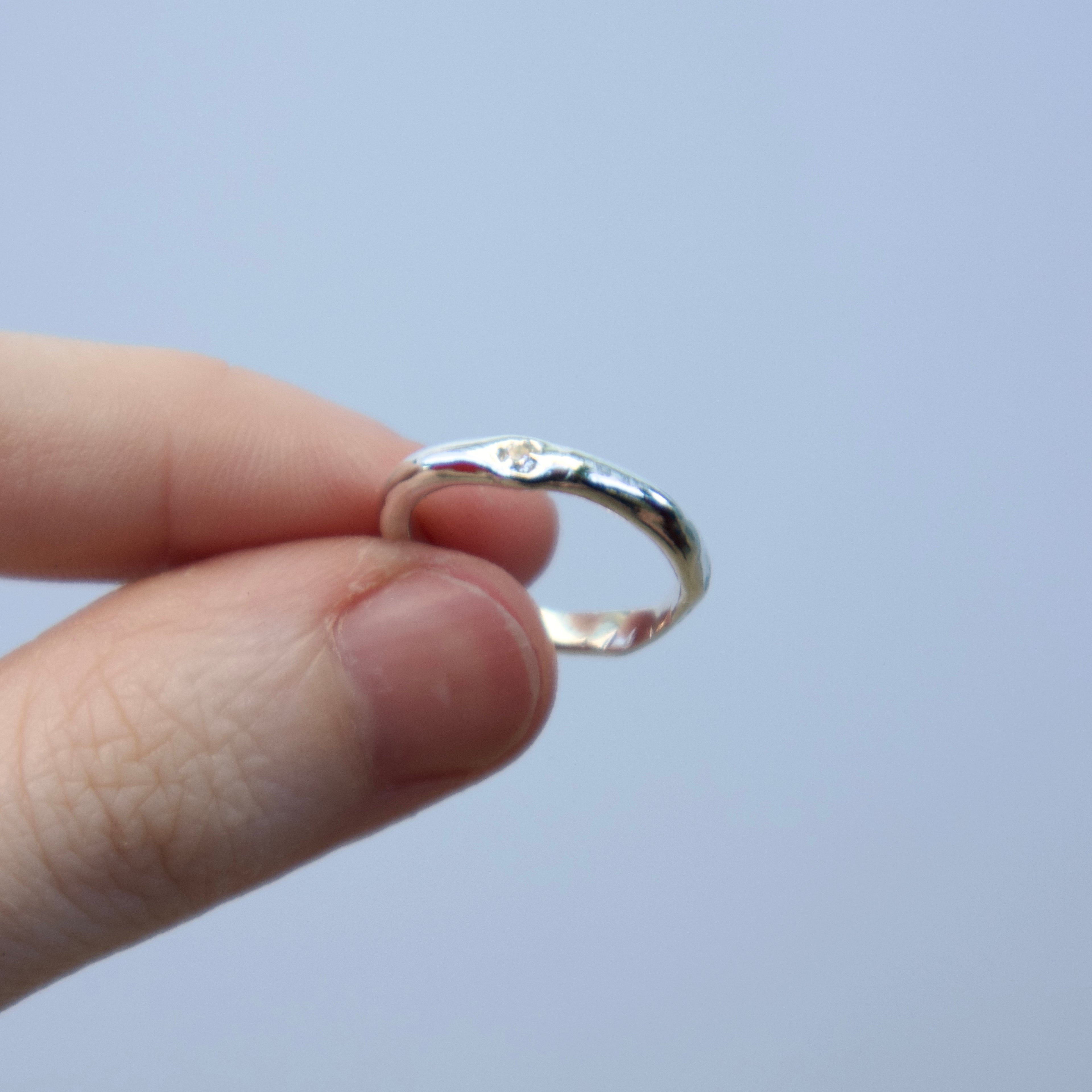 Sterling silver Candy Stacker Ring with lab-grown white sapphire. alternative fine jewellery handmade by Billy Tooth in Auckland, New Zealand.
