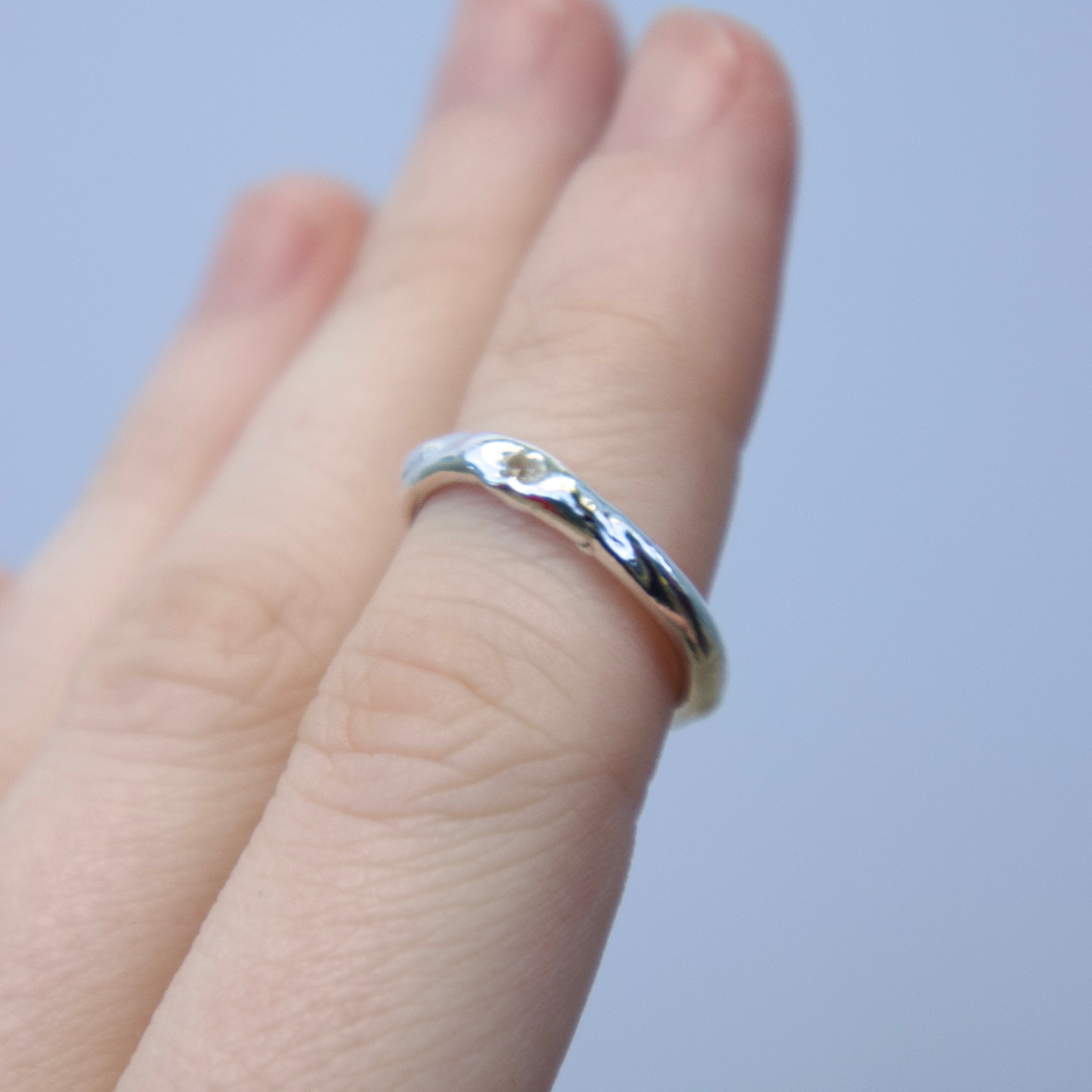 Sterling silver Candy Stacker Ring with lab-grown white sapphire. alternative fine jewellery handmade by Billy Tooth in Auckland, New Zealand.