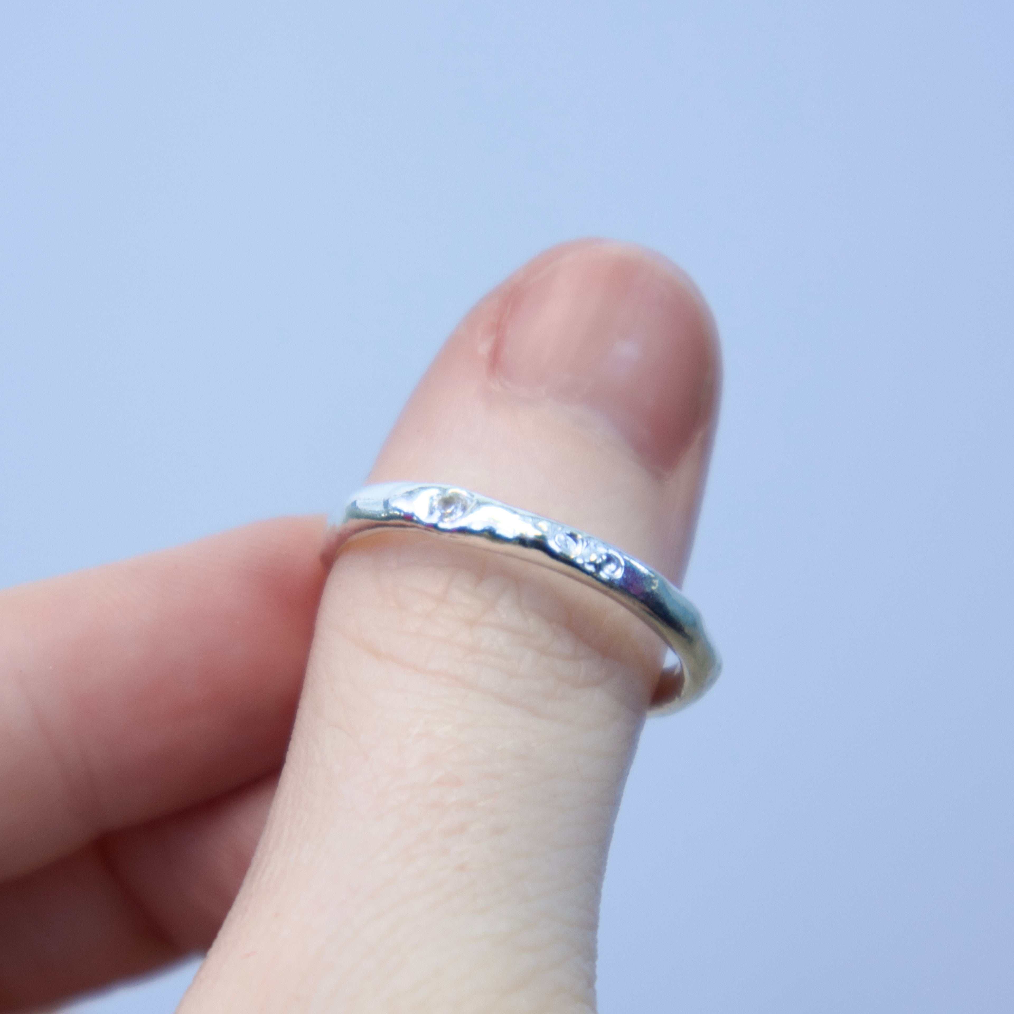 Sterling silver Candy Stacker Ring with lab-grown white sapphire. alternative fine jewellery handmade by Billy Tooth in Auckland, New Zealand.
