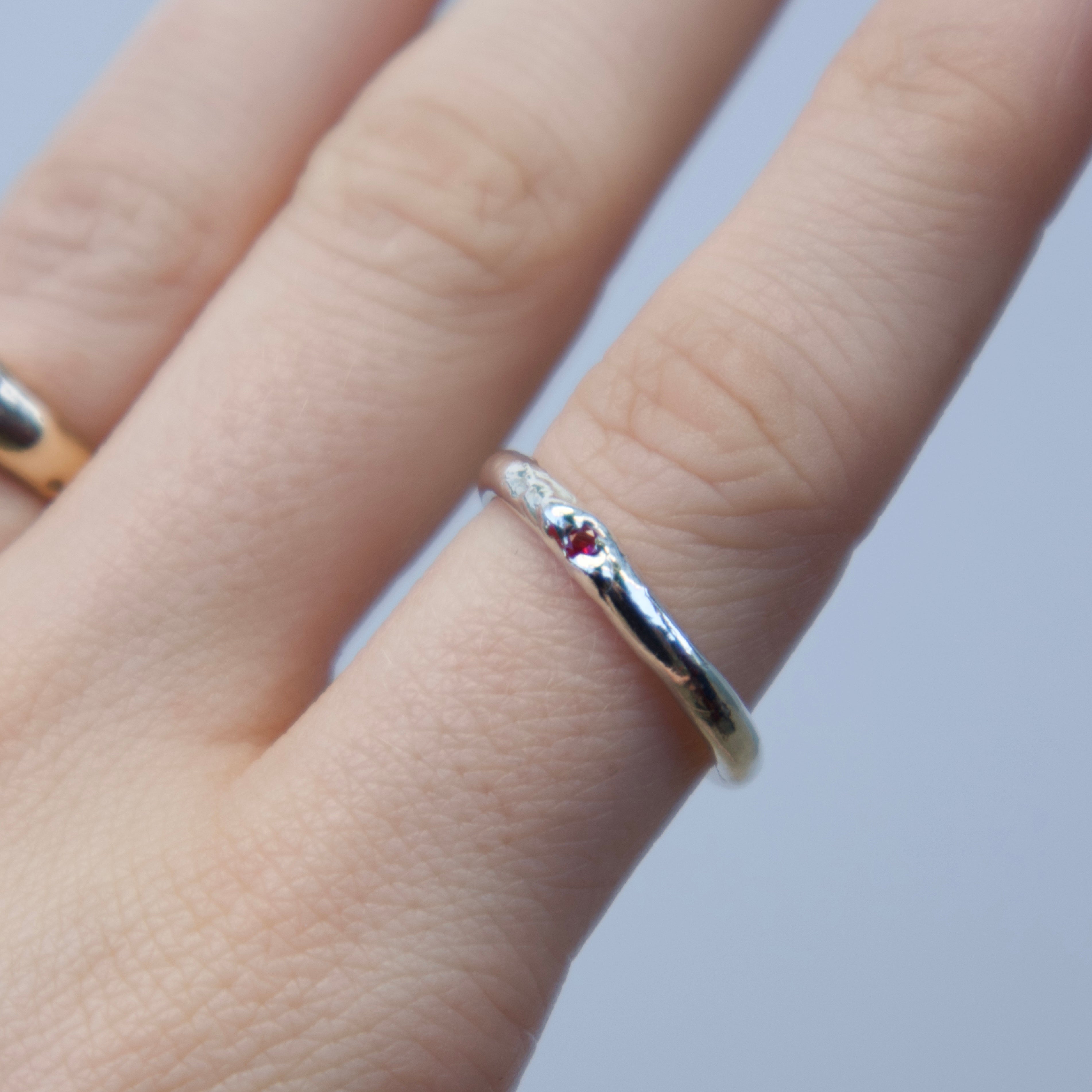 Sterling silver Candy Stacker Ring with lab-grown pink ruby. alternative fine jewellery handmade by Billy Tooth in Auckland, New Zealand.
