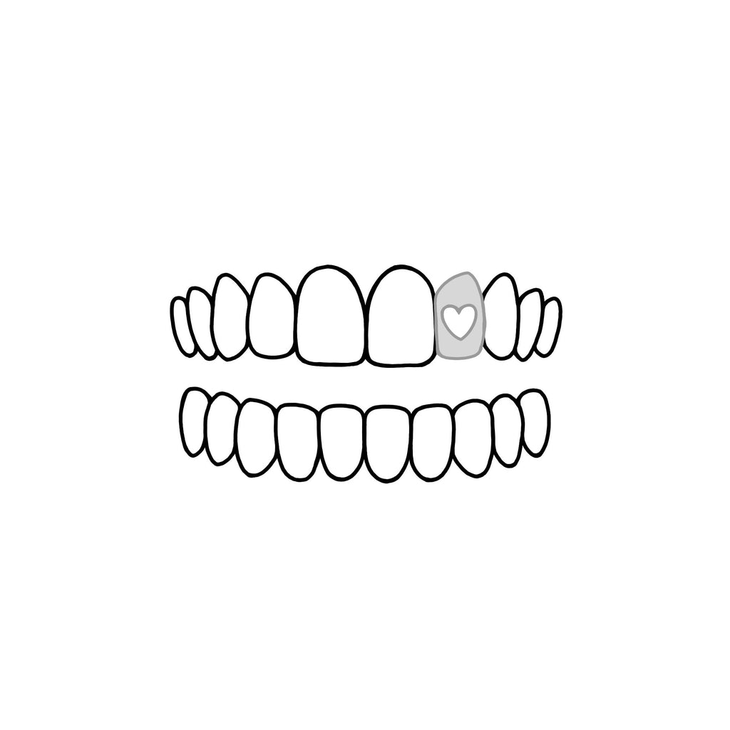 A simple black-and-white line drawing of a smiling mouth with teeth, featuring one front tooth shaded light gray with a small white heart inside.