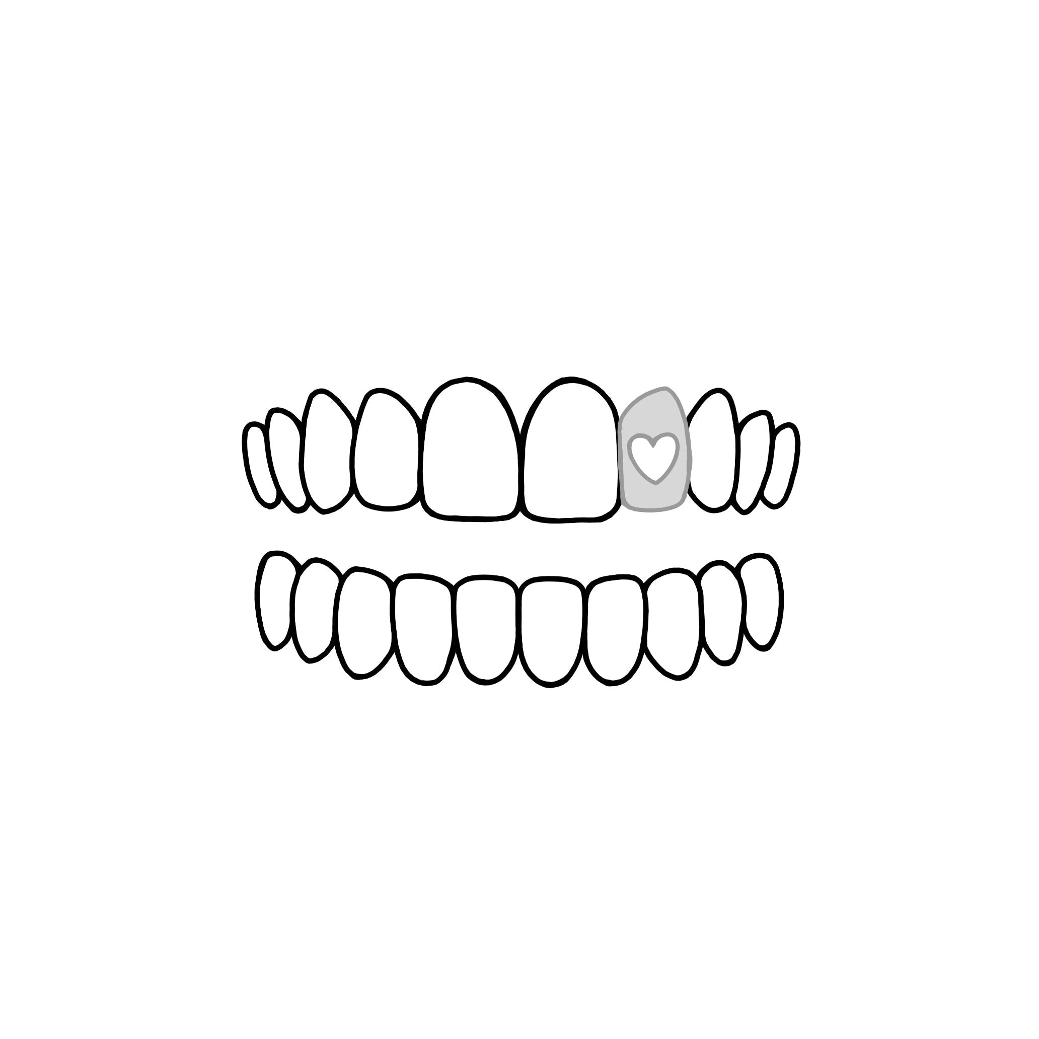 A simple black-and-white line drawing of a smiling mouth with teeth, featuring one front tooth shaded light gray with a small white heart inside.