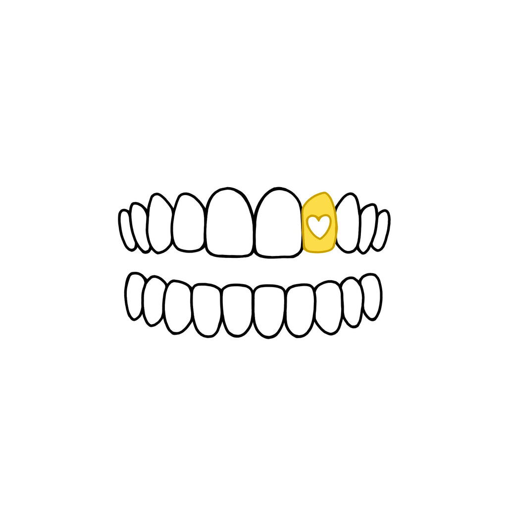 A simple line drawing of a smiling mouth with two rows of teeth, where the upper central right tooth is highlighted in yellow with a small white heart inside. The image is clean and minimal on a white background.