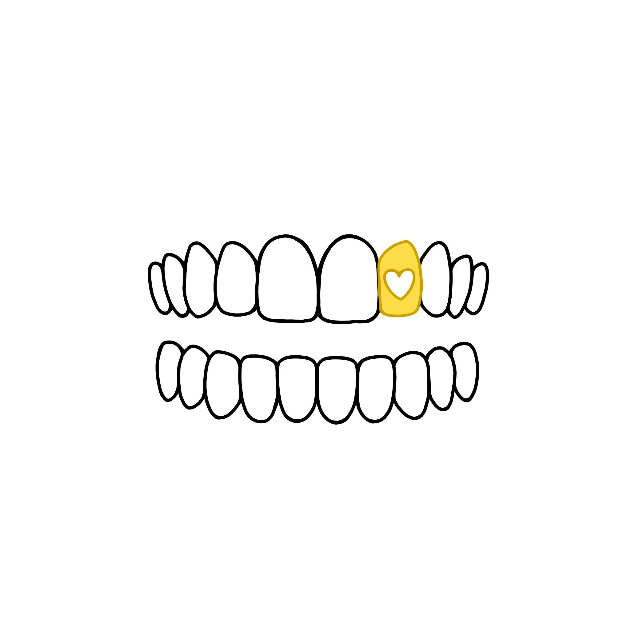 A simple line drawing of a smiling mouth with two rows of teeth, where the upper central right tooth is highlighted in yellow with a small white heart inside. The image is clean and minimal on a white background.
