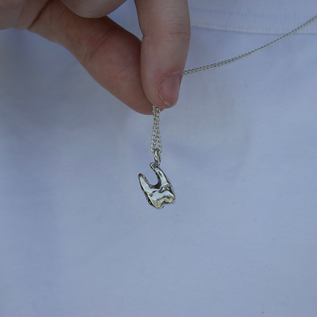 Hand holding a silver necklace with a unique pendant  of a sterling silver tooth with roots against a plain background